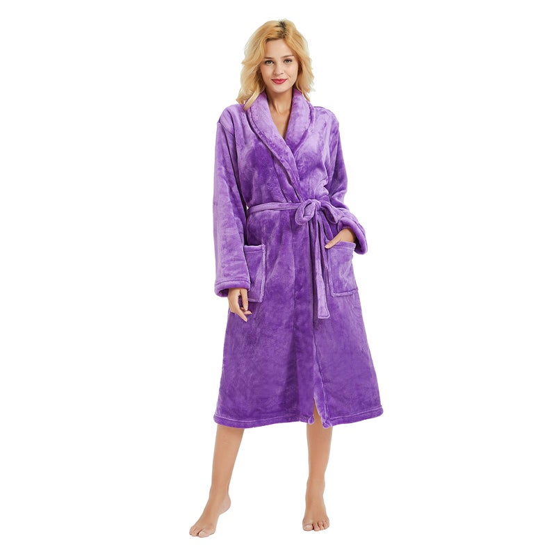 HEARTNICE Womens Fleece Robes, Soft Plush Long Bathrobe, Thick Kimono Robes for Womens, Warm House Coat (Violet, L/XL) - Image 1